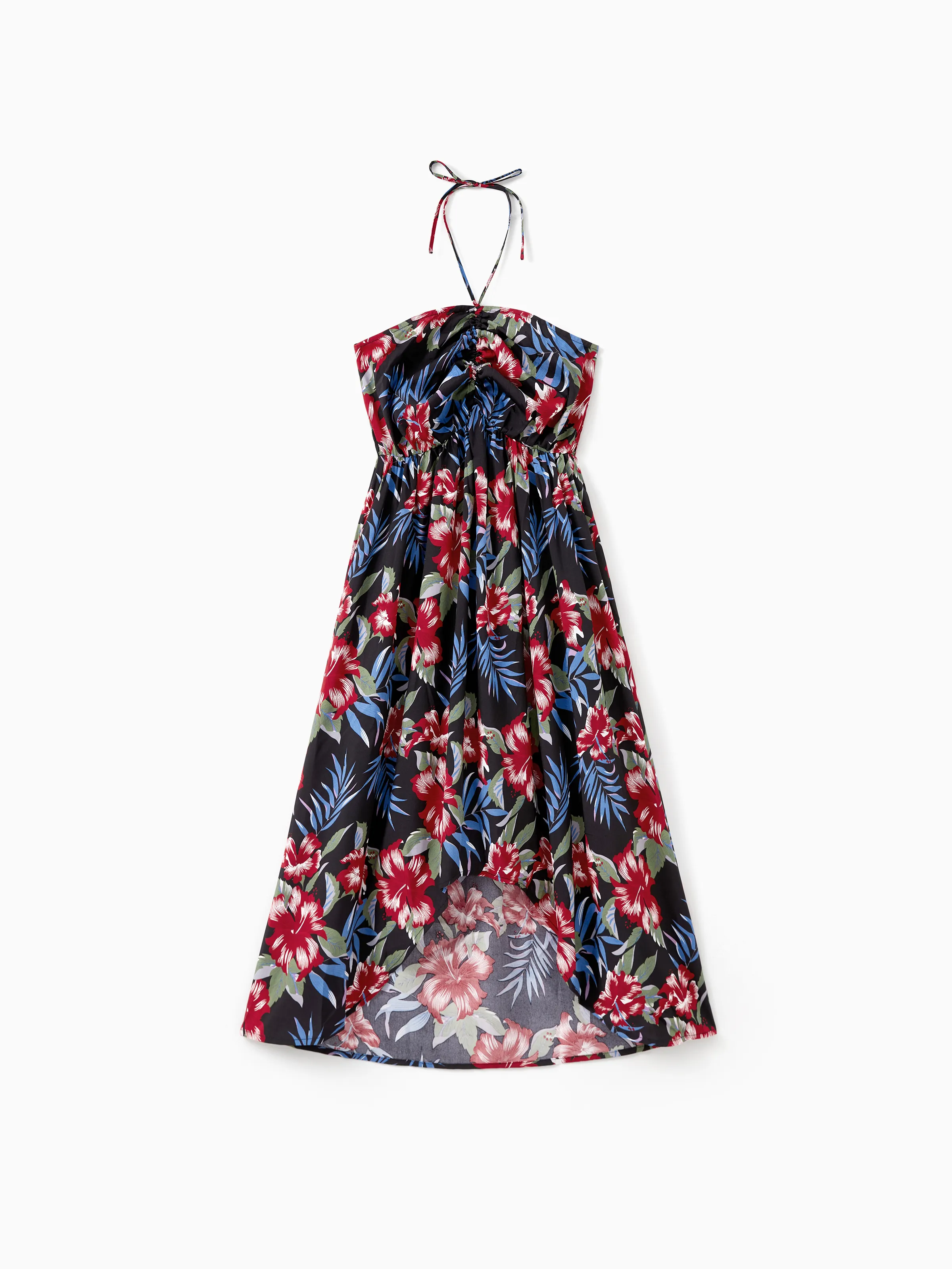 

Family Matching Floral Beach Shirt and Drawstring Front Shirred Back Halter Neck High-Low Dress Sets