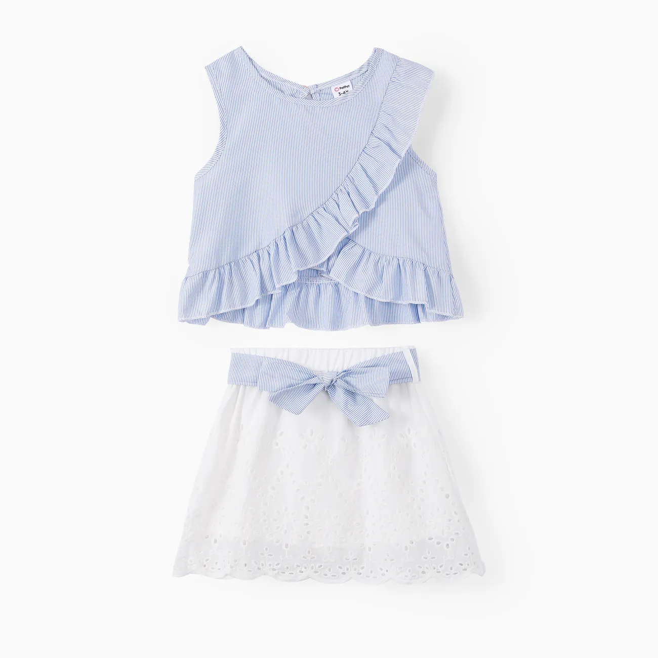 Trendy Toddler Girl Stripe Print Bowknot Ruffle Flounce Set Blue big image 1