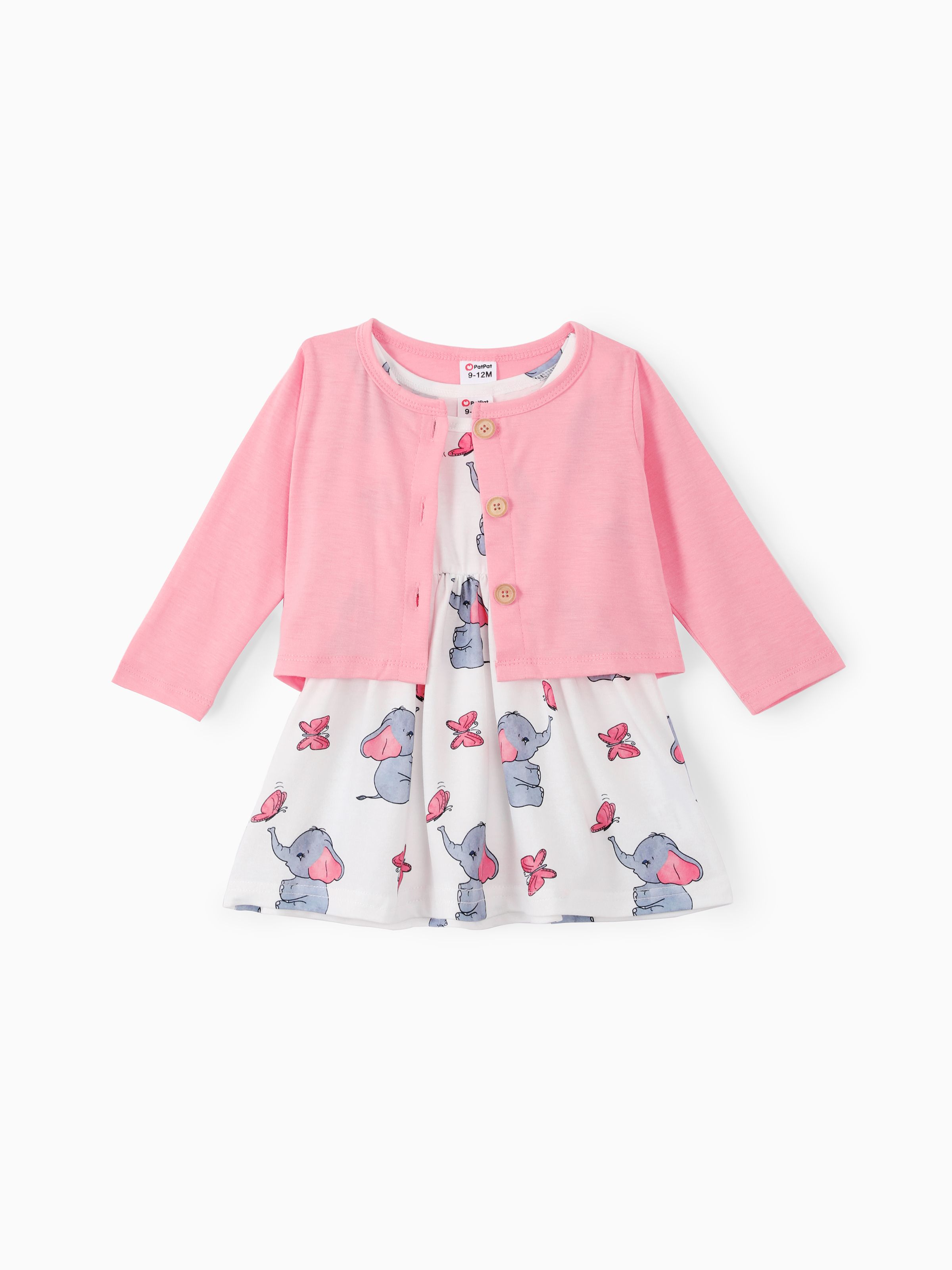 

2pcs Baby Girl Pink Cardigan and Elephant Print Dress Set