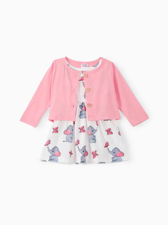2pcs Baby Girl Pink Cardigan and Elephant Print Dress Set