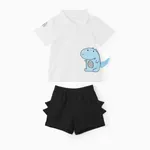 2pcs Toddler Boy Casual Dinosaur Print Polo Shirt & Spike Design Shorts Set White