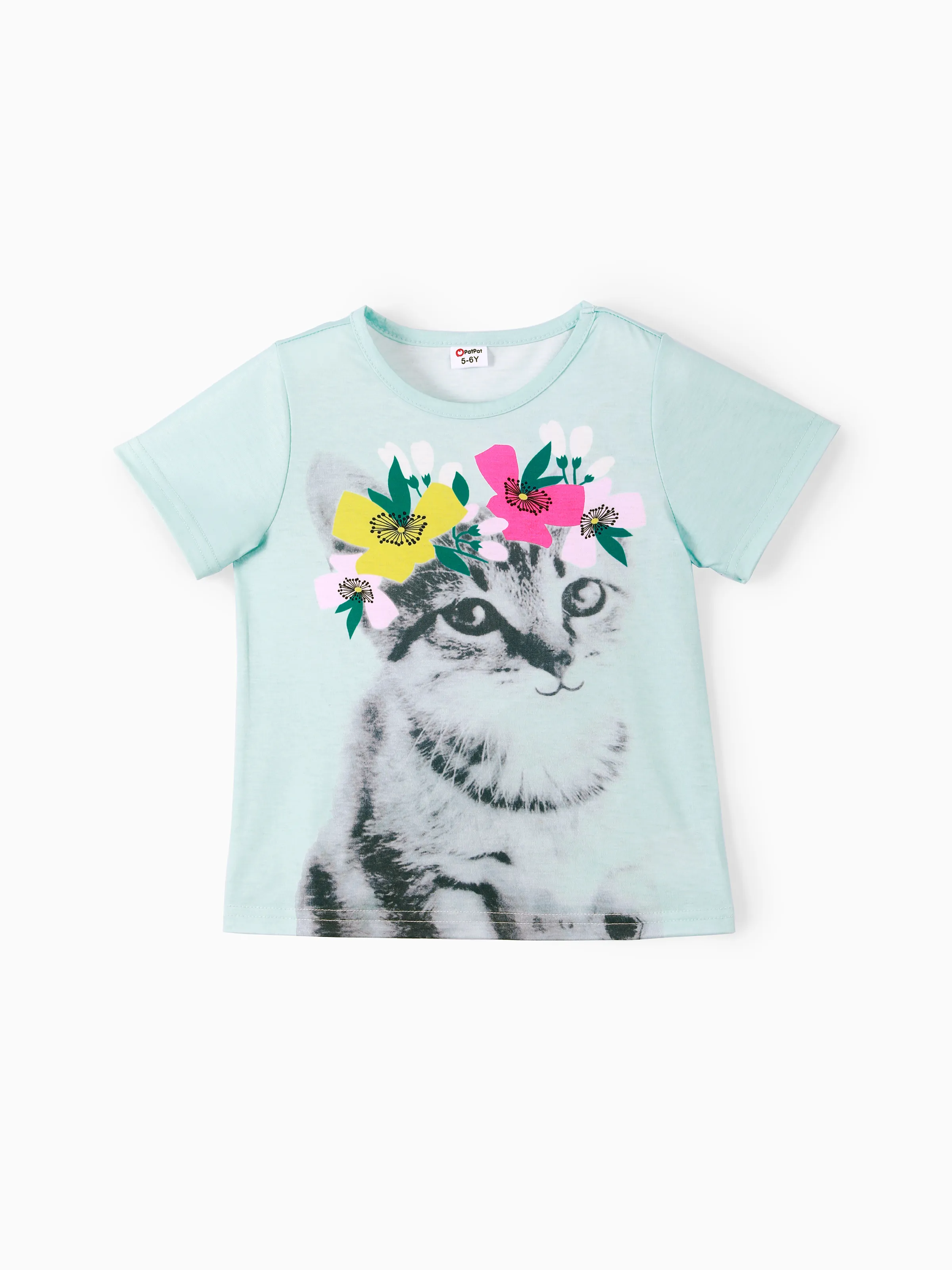 Kurzarm-T-Shirt Mit Blumendruck Für Kinder, Mädchen, Tier, Katze