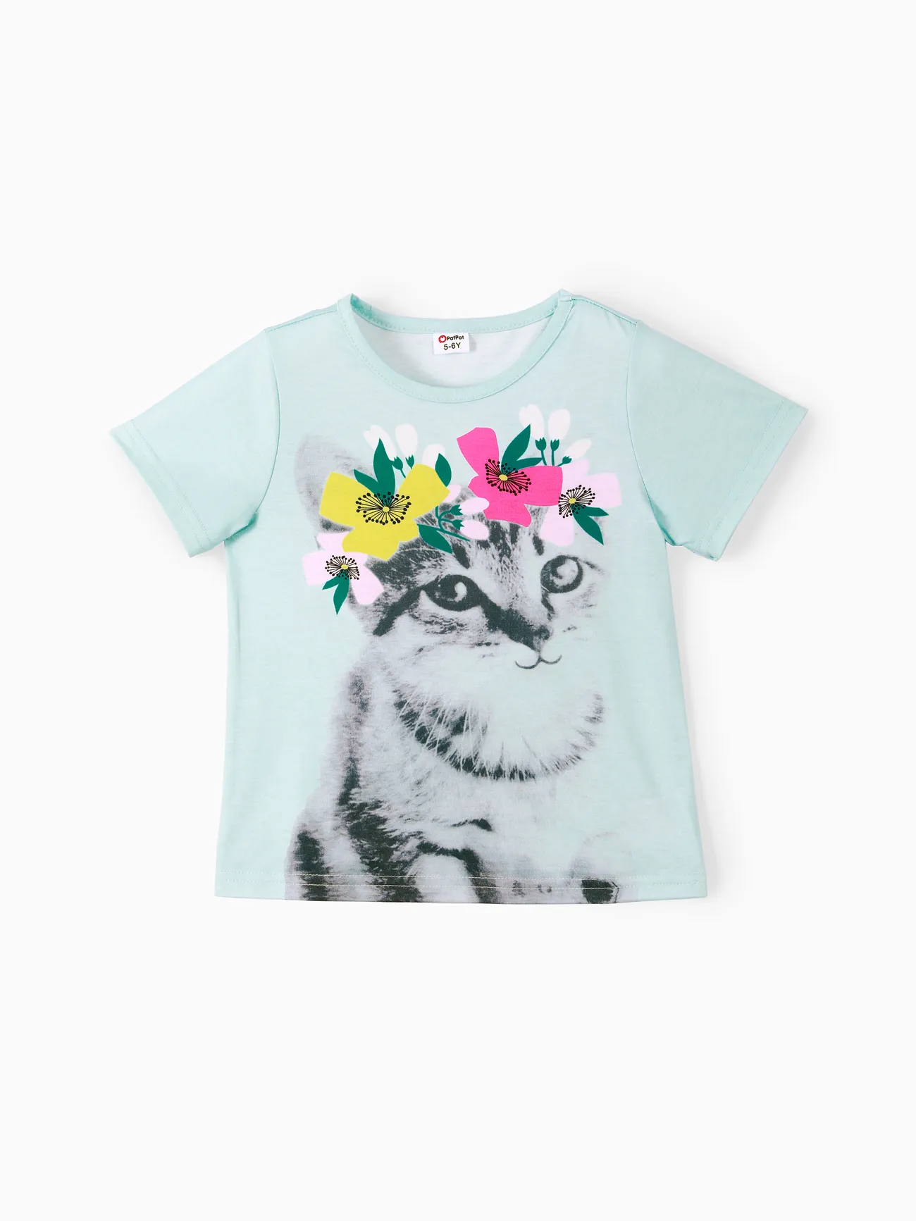 Kid Girl Animal Cat Floral Print Short-sleeve Tee