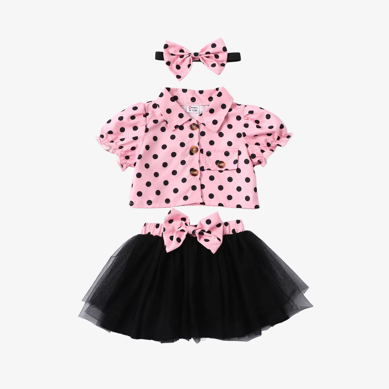 3pcs Baby Girls Sweet Polka Dot Ruffle Top and Dress and Skirt Set   Pink big image 1
