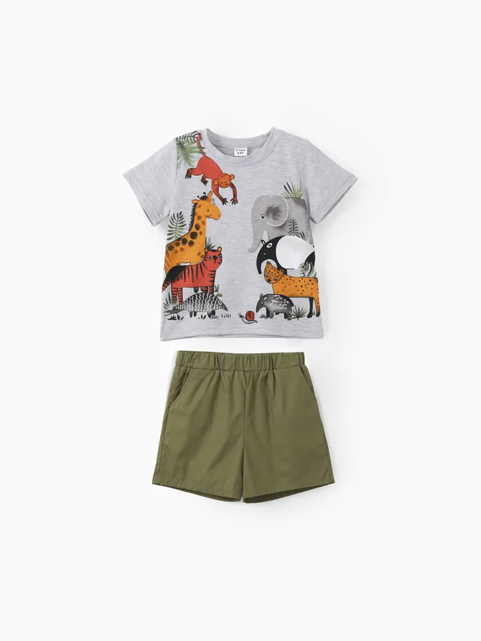 2pcs Toddler Boy Playful Animal Print Tee and Shorts Set