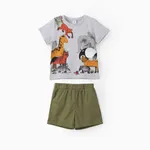 2pcs Toddler Boy Playful Animal Print Tee and Shorts Set Grey