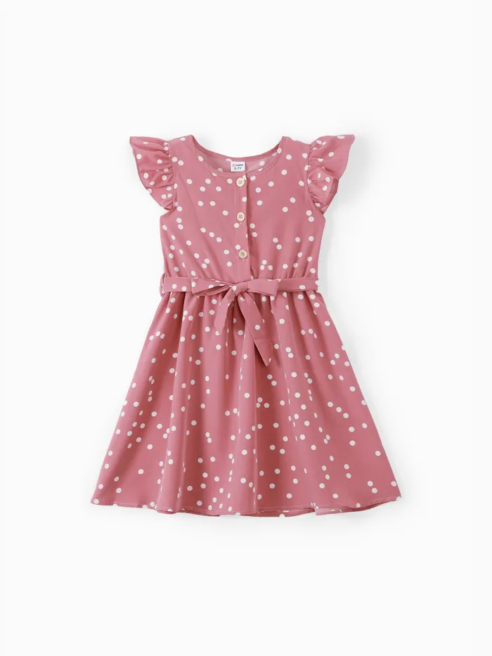 Kid Girl Polka dots Button Design Flutter-sleeve Belted Dress
