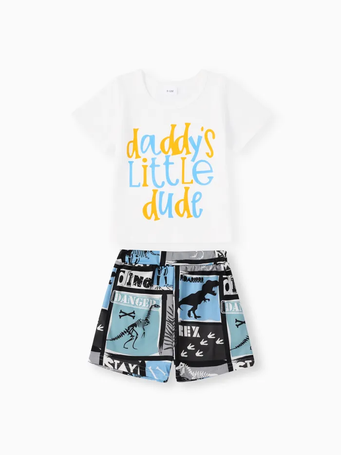 Conjunto de 2 piezas de camiseta de manga corta con estampado de letras para bebé y pantalones cortos con estampado de dinosaurio