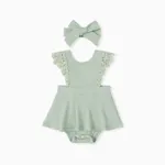 2pcs Baby Girl 95% Cotton Lace Flutter-sleeve Solid Ribbed Romper with Headband Set Green