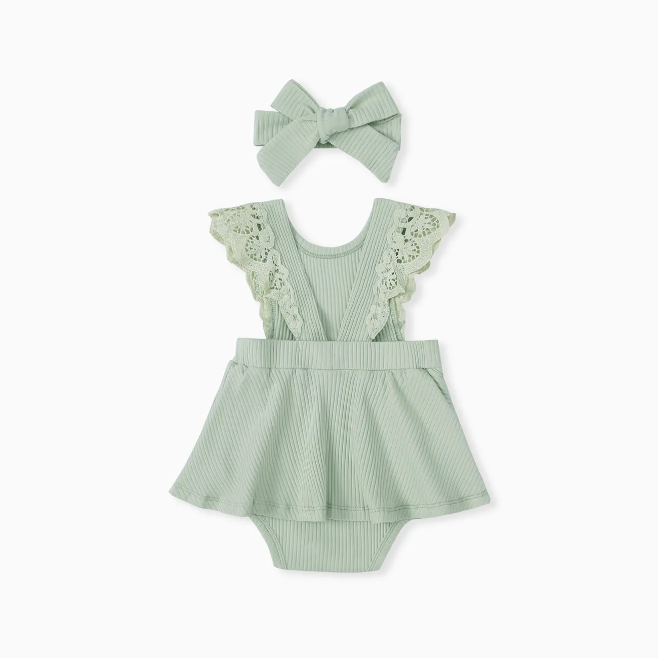 2pcs Baby Girl 95% Cotton Lace Flutter-sleeve Solid Ribbed Romper with Headband Set Green big image 1