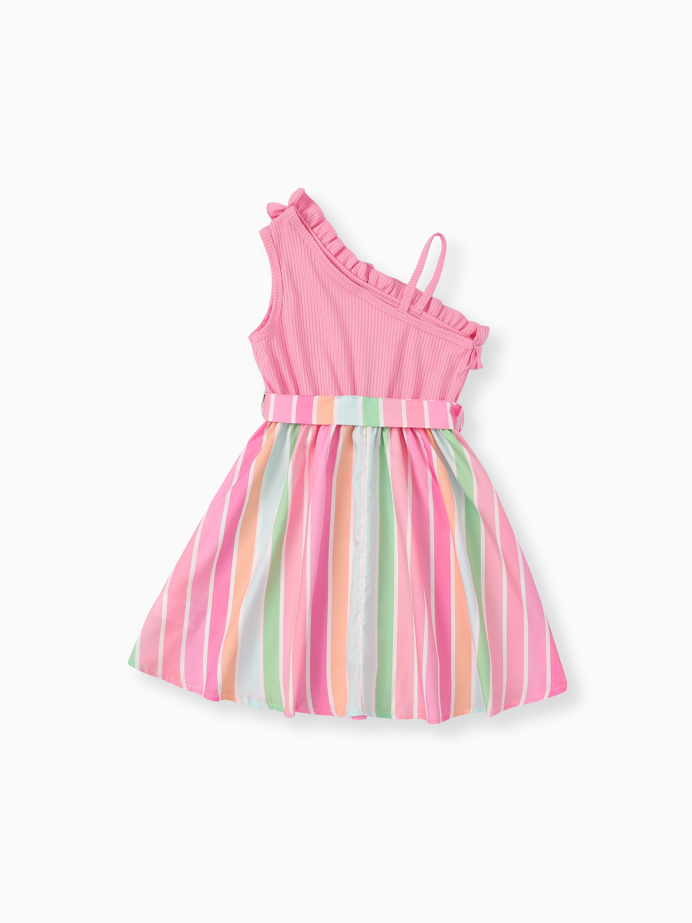 

Kid Girl Colorful Striped Belted Ribbed Ruffle Slip Dress