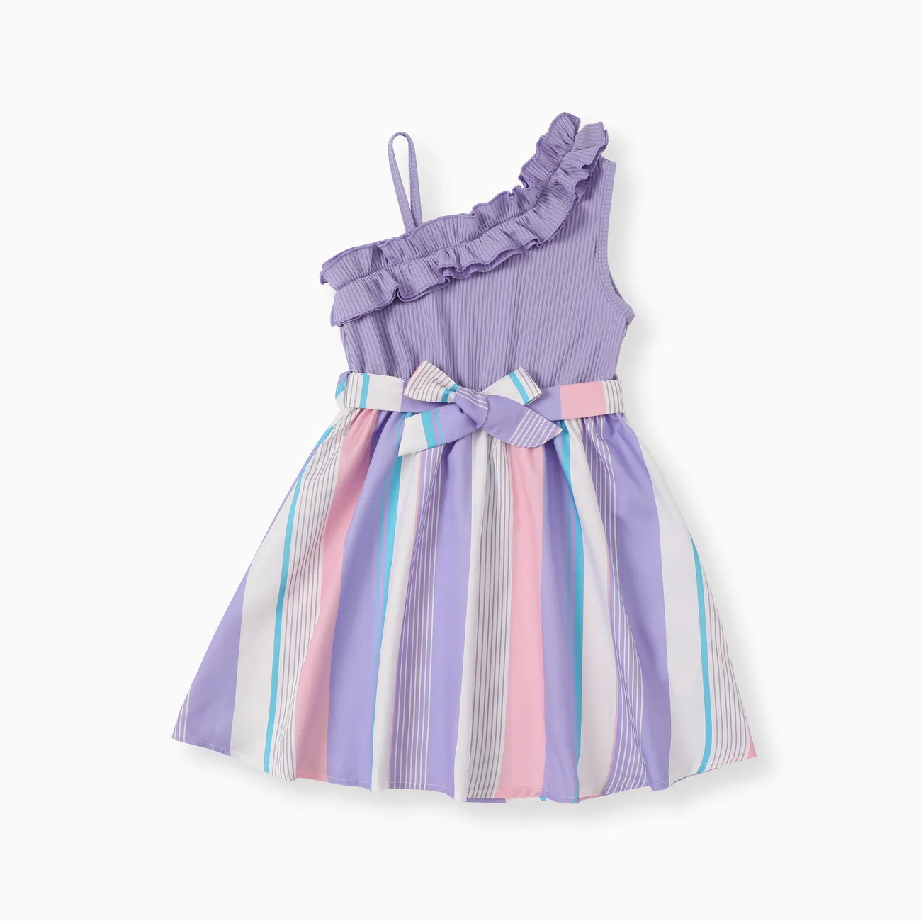 大童 女 布料拼接 條紋 連衣裙 紫色 big image 1