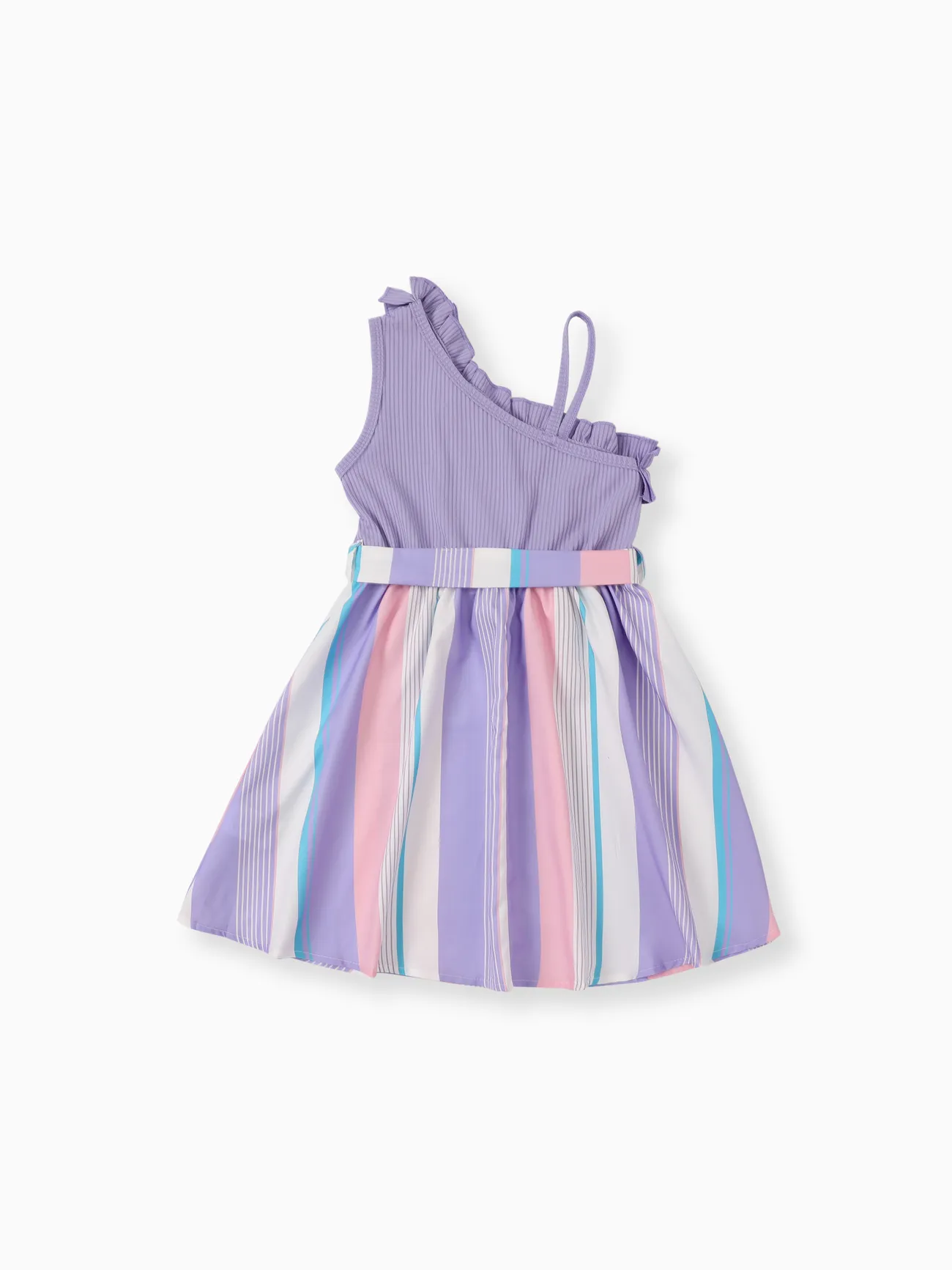 Kid Girl Colorful Striped Belted Ribbed Ruffle Slip Dress Purple big image 1
