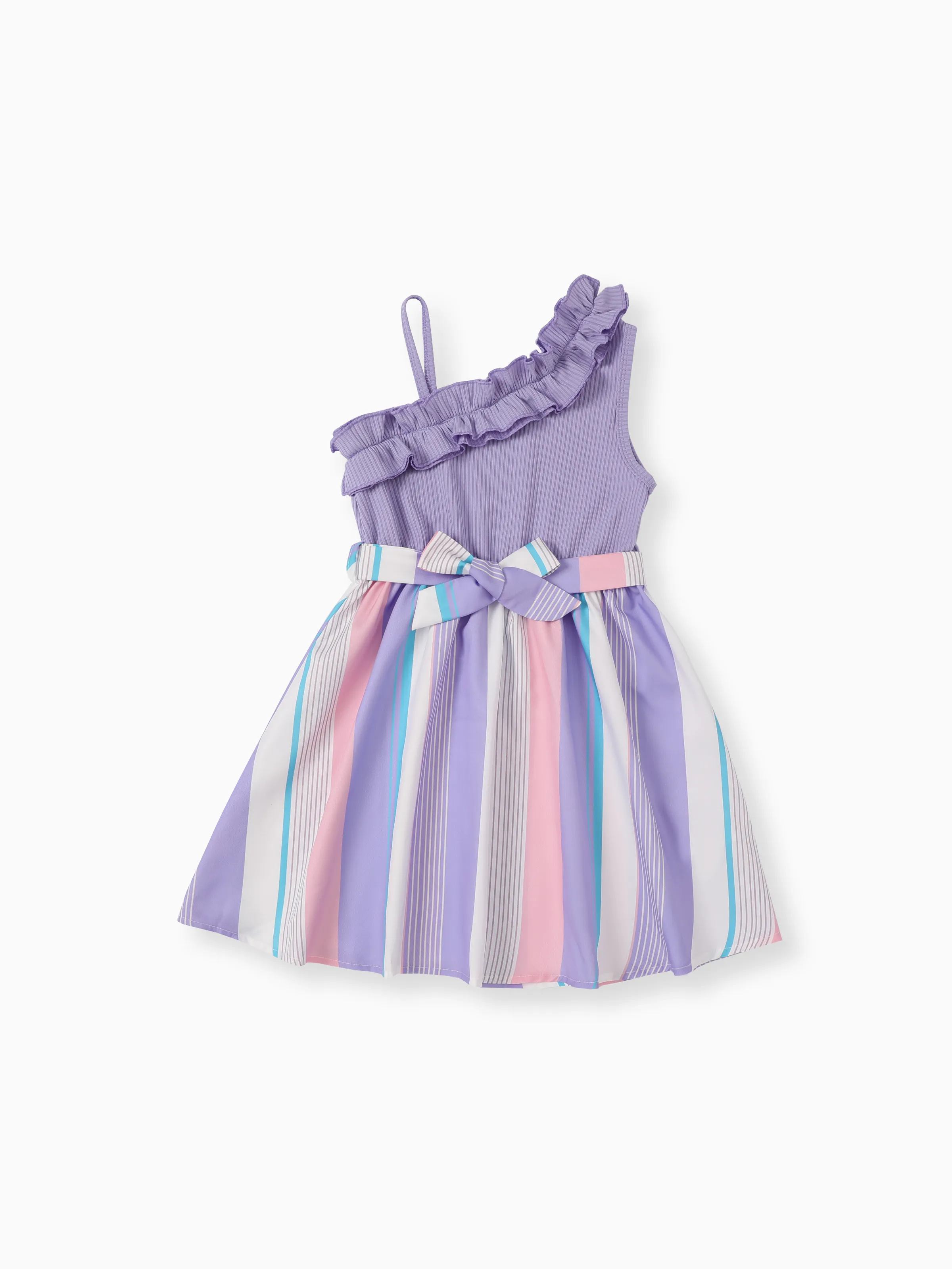 

Kid Girl Colorful Striped Belted Ribbed Ruffle Slip Dress