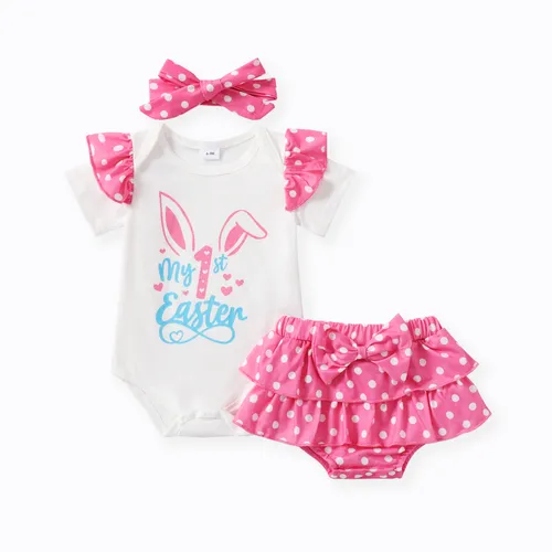 2pcs Baby  Girls Easter Rabbit Polka Dot  Set for with Flutter Sleeve