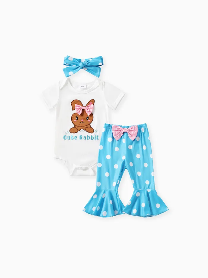 2pcs Baby Girl Easter Bunny Pattern Ruffle Embroidered Pants Headband Set