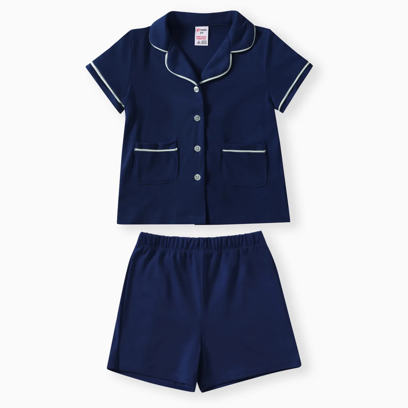 Toddler/Kid Boy/Girl 2pcs Solid Color Lapel Pajamas Set Dark Blue big image 1