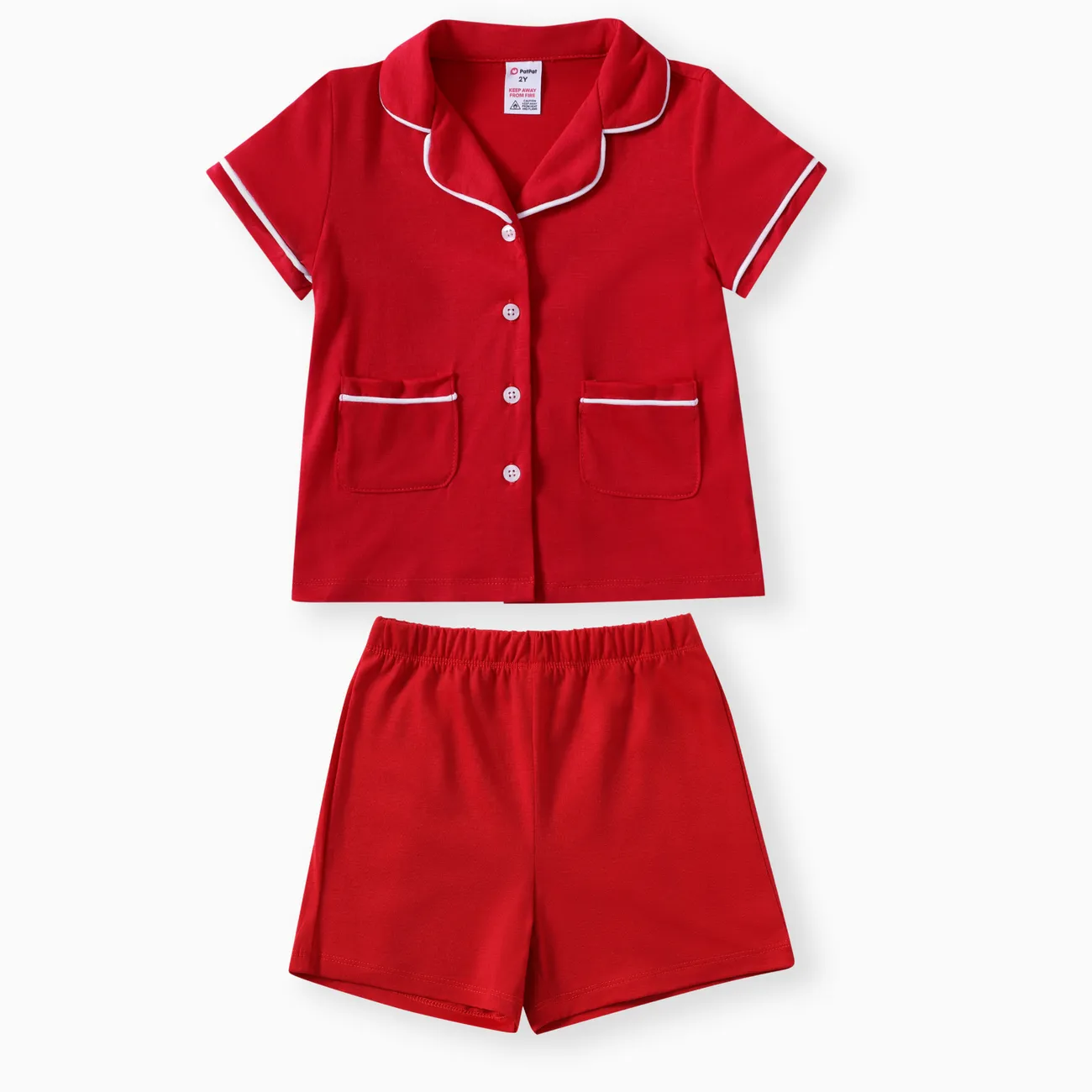 蹣跚學步/兒童男孩/女孩 2 件純色翻領睡衣套裝 紅色 big image 1