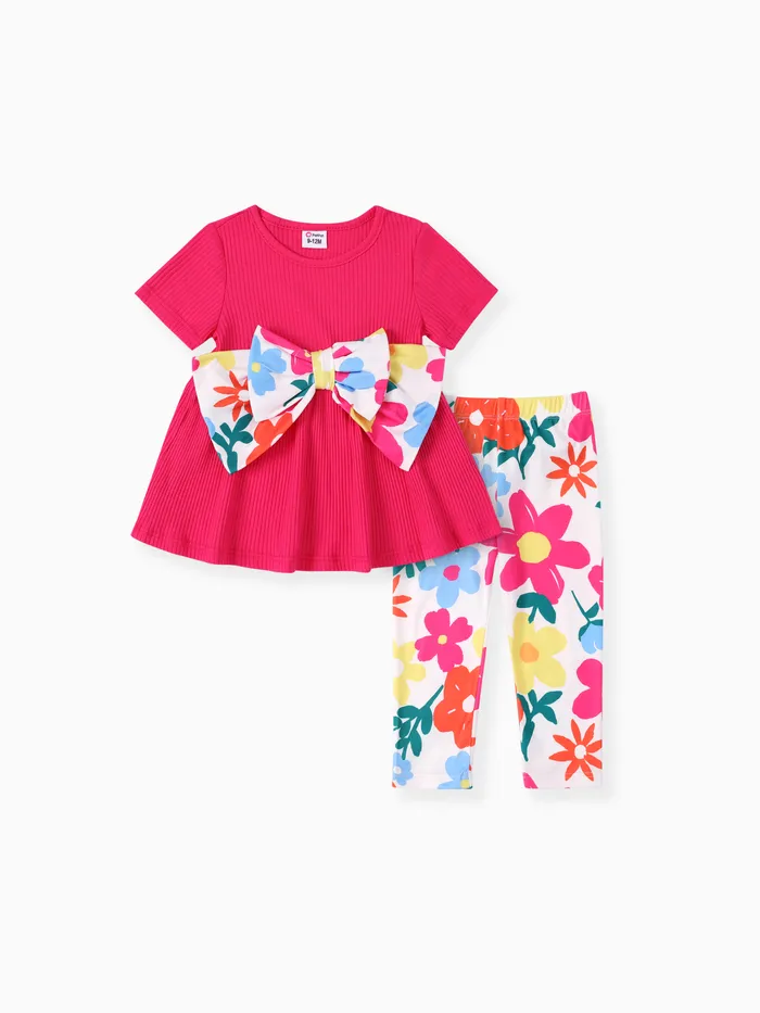 Baby Girl 2pcs Bowknot Design Tee and Floral Print Leggings Set