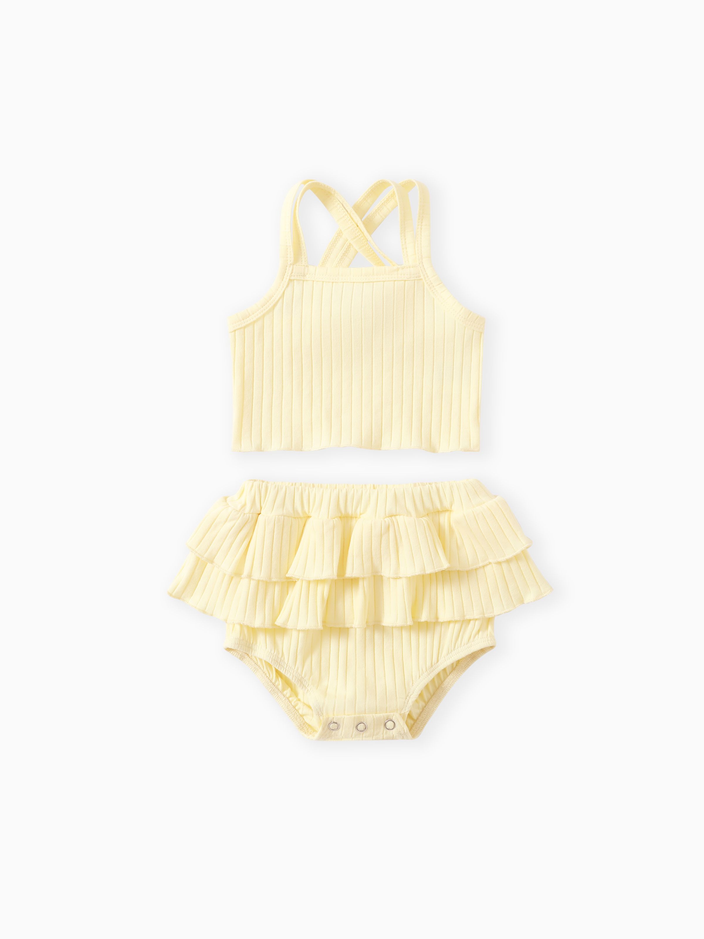 

Baby Girl 2pcs Double Cross Sling Crop Camisole and Ruffled Shorts Set