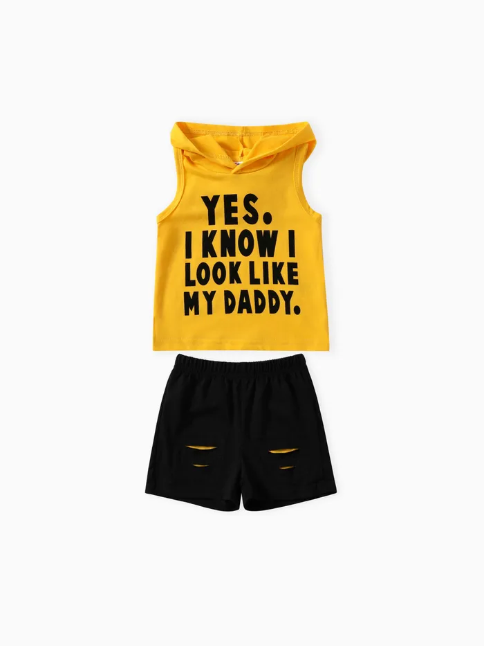 Baby Boy 2pcs Casual Hooded Set, Letter Print Yellow Jacket & Black Shorts