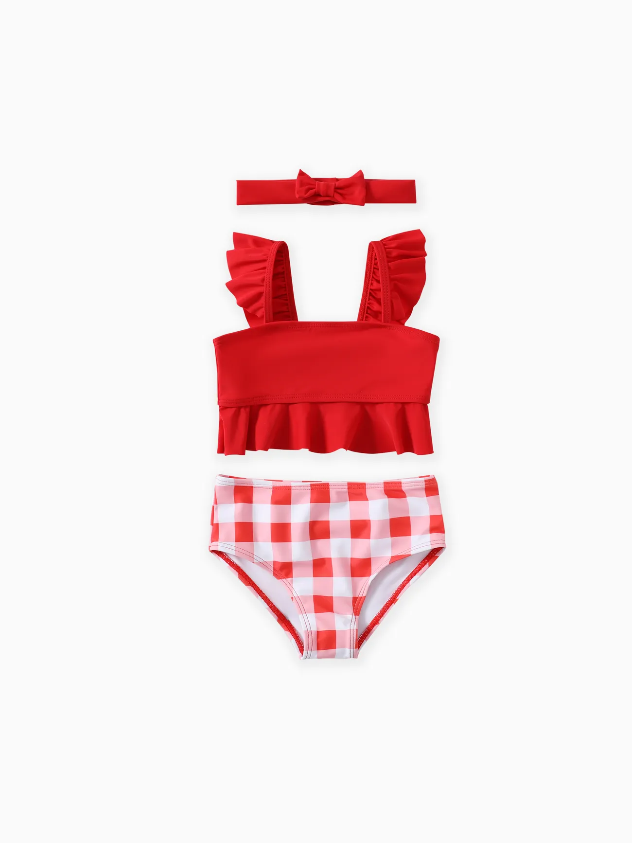 Toddler Girl 3pcs Ruffled Top and Shorts and Headband Swimsuits Set Red big image 1