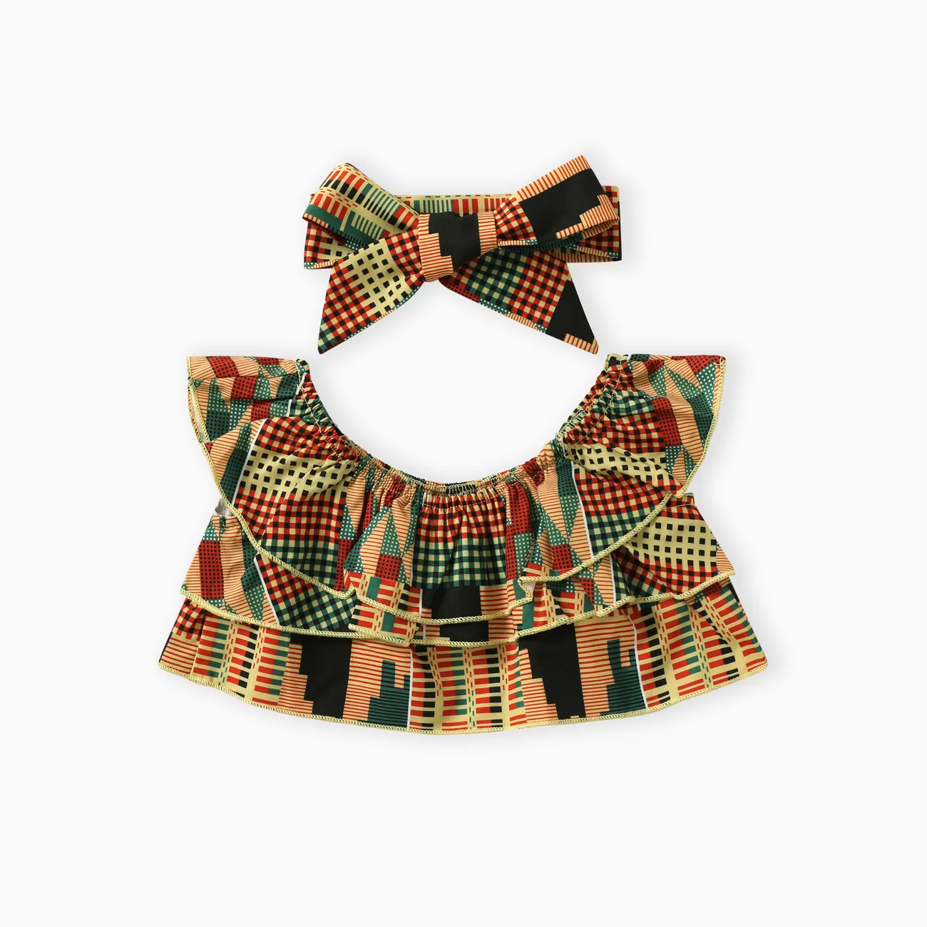 4pcs Baby Girl Sweet Geometric Pattern and Ruffle Edge Top/Pants/Headband/Belt Set  Olivegreen big image 1
