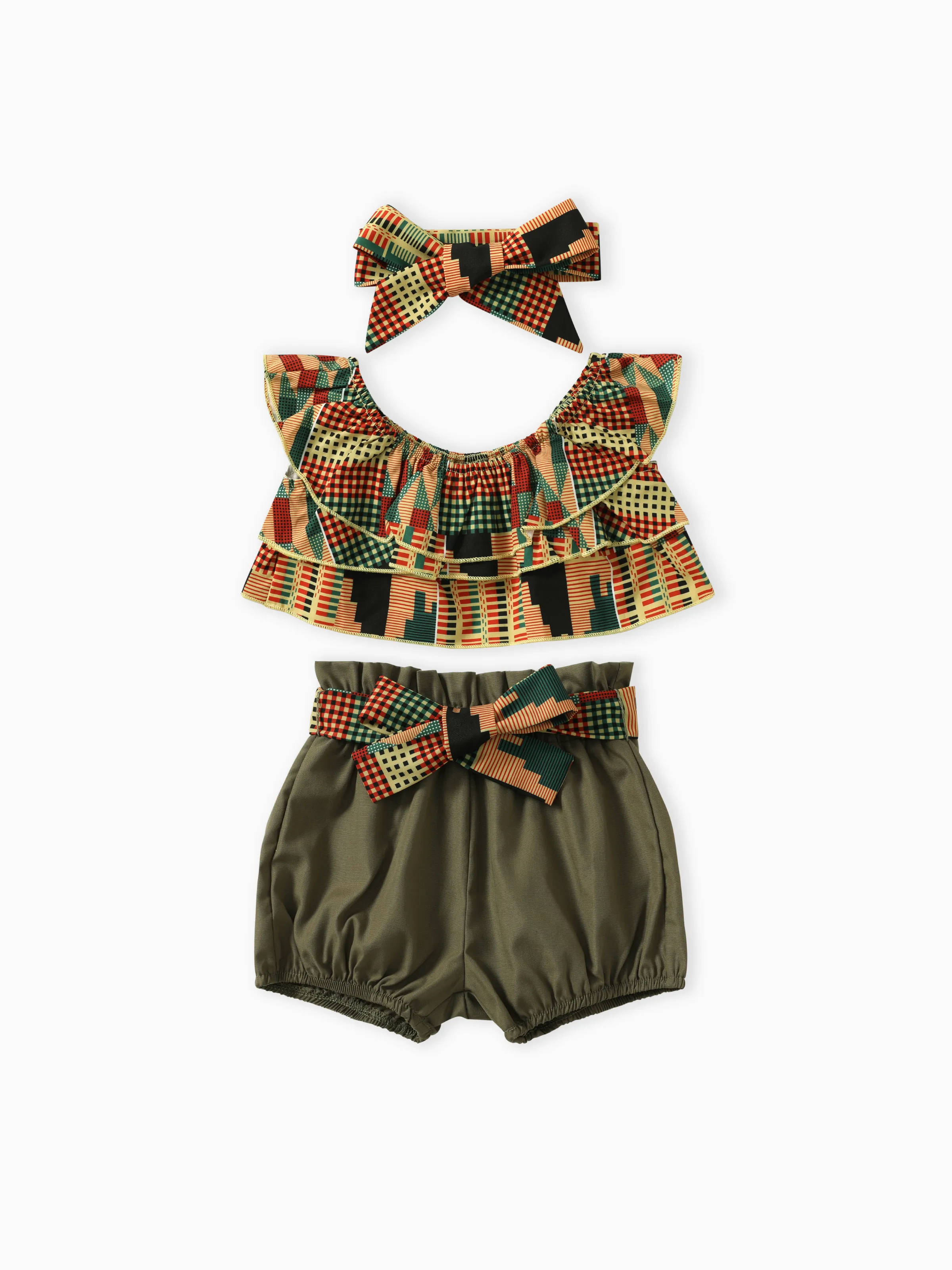 

Sweet 4pcs Baby Girl Set with Geometric Pattern and Ruffle Edge, Cotton and Polyester Blend