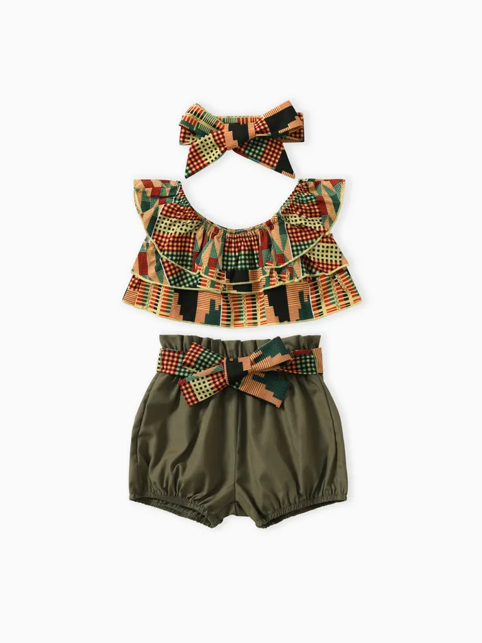 Sweet 4pcs Baby Girl Set with Geometric Pattern and Ruffle Edge, Cotton and Polyester Blend