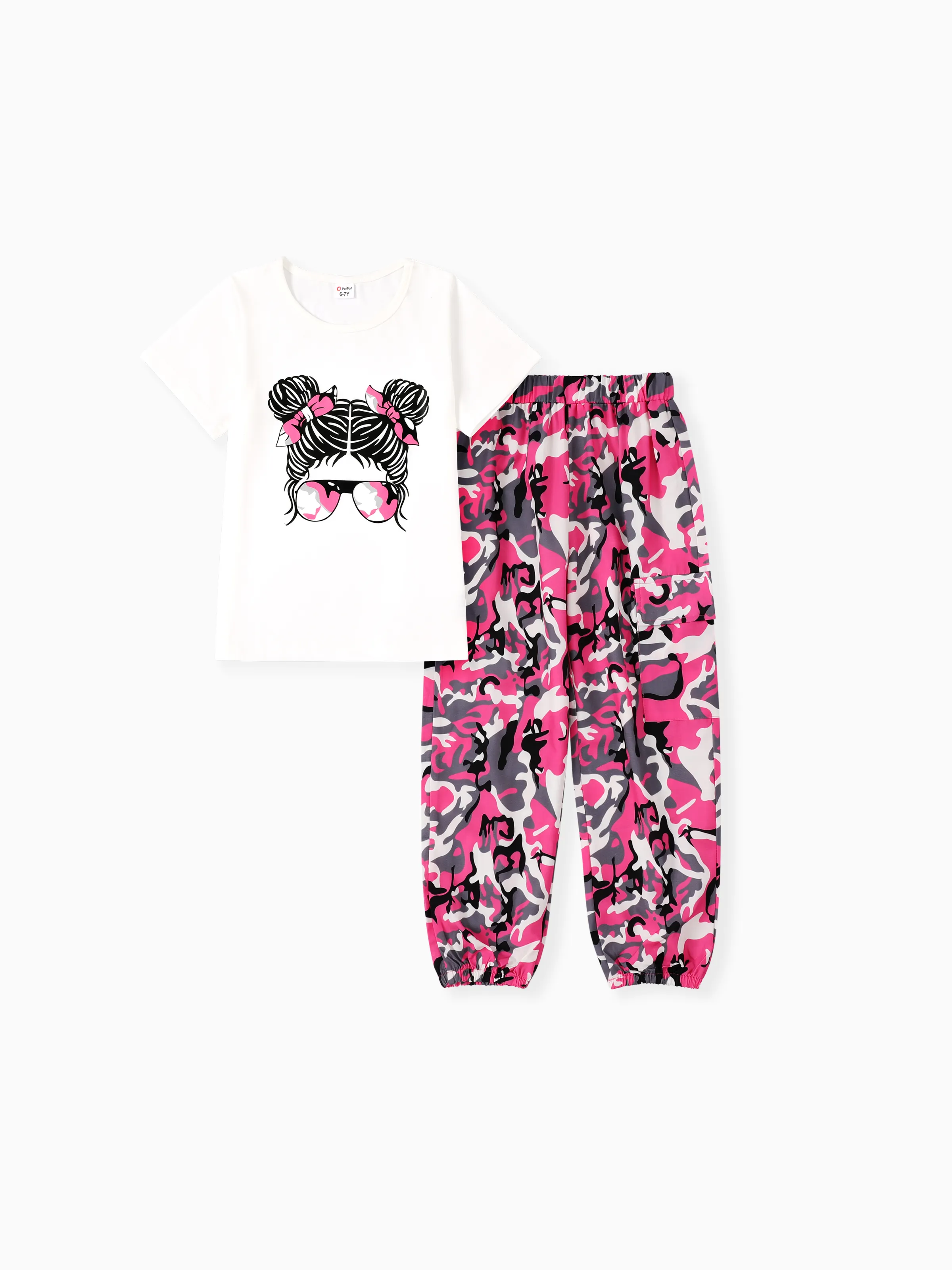 

2pcs Kid Girl Figure Print Short-sleeve Tee and Camouflage Pants Set