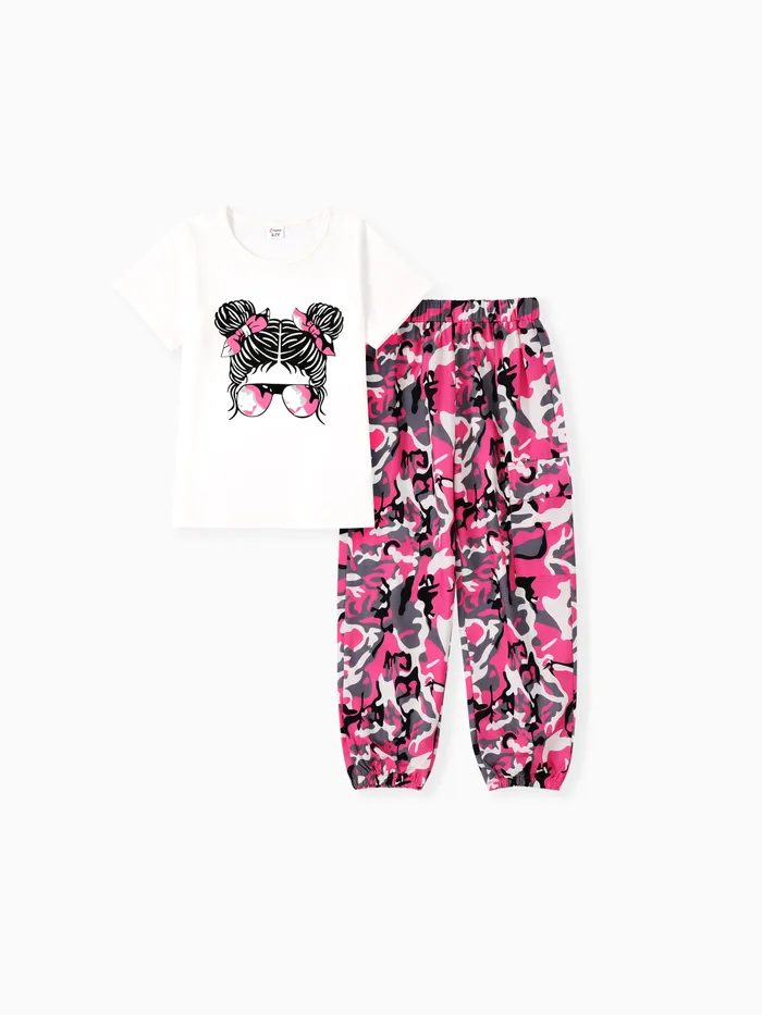 2pcs Kid Girl Figure Print Short-sleeve Tee and Camouflage Pants Set 