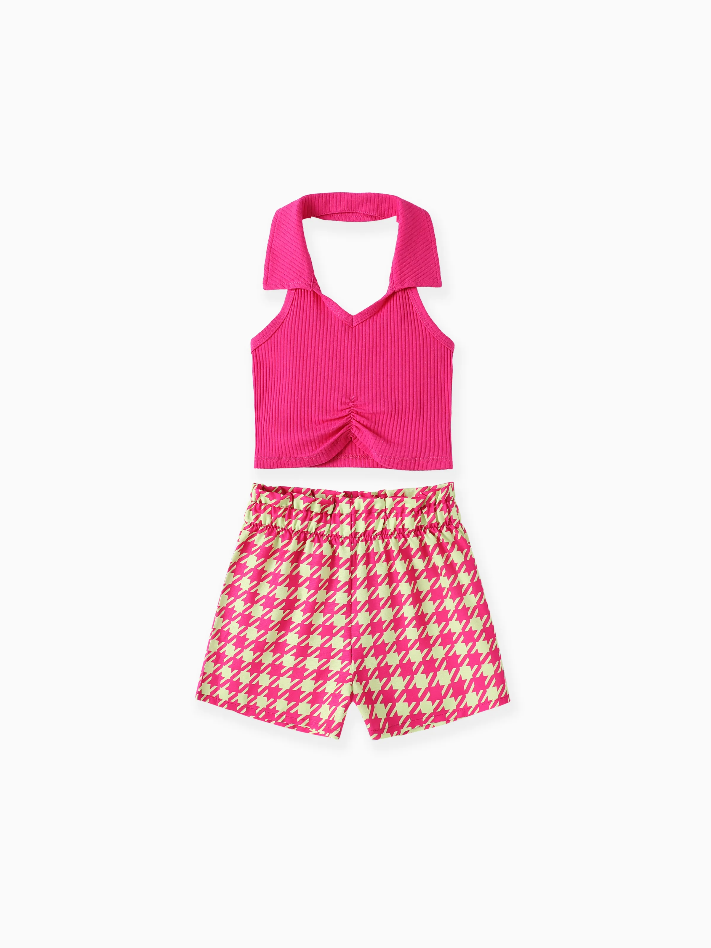 

Kid Girl 2pcs Fashionable Lapel Tank Top and Grid Print Shorts Set