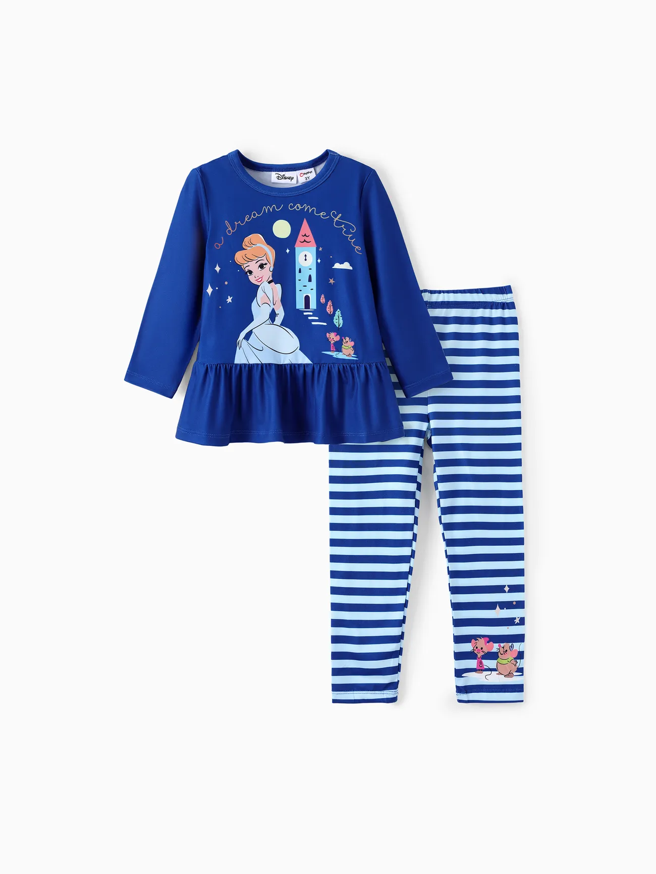 

Disney Princess Toddler Girl 2pcs Character Print Peplum Long-sleeve Tee and Stripe Pants Set