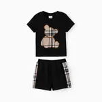 2pcs Baby Boy Plaid Bear Graphic Short-sleeve Tee & Shorts Set Black