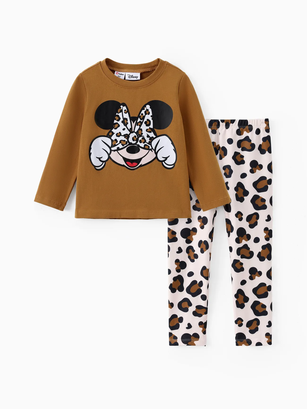 Disney Mickey and Friends Toddler Girl Cotton Leopard Print Solid Top and Pant Sets Brown big image 1