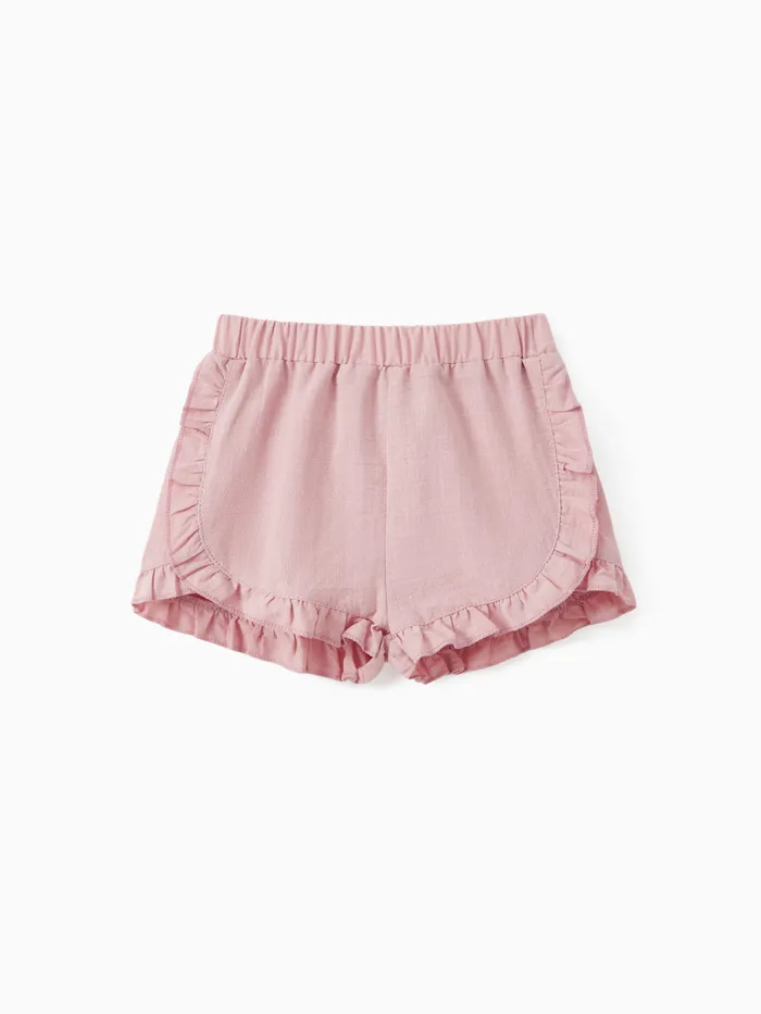 Baby Girl 100% Cotton Solid Ruffle Trim Shorts