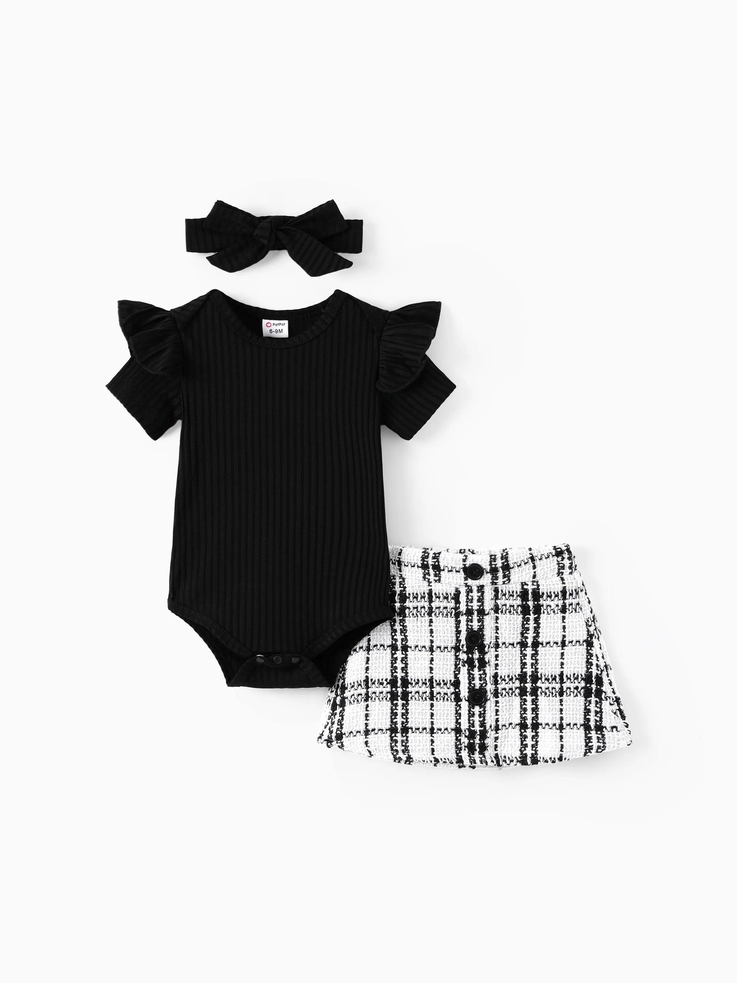 

3pcs Baby Girl Black Ribbed Short-sleeve Romper and Tweed Skirt with Headband Set