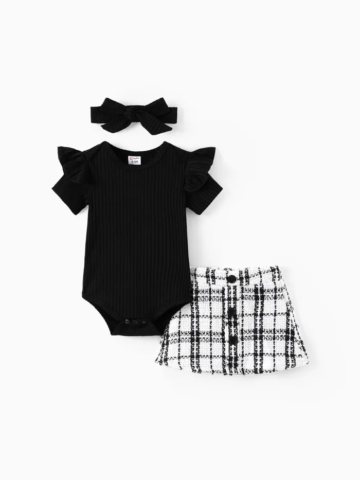 3pcs Baby Girl Black Ribbed Short-sleeve Romper and Tweed Skirt with Headband Set