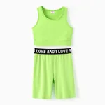 2pcs Kid Girl Solid Color Tank Top and Letter Print Shorts Sporty Set lightgreen