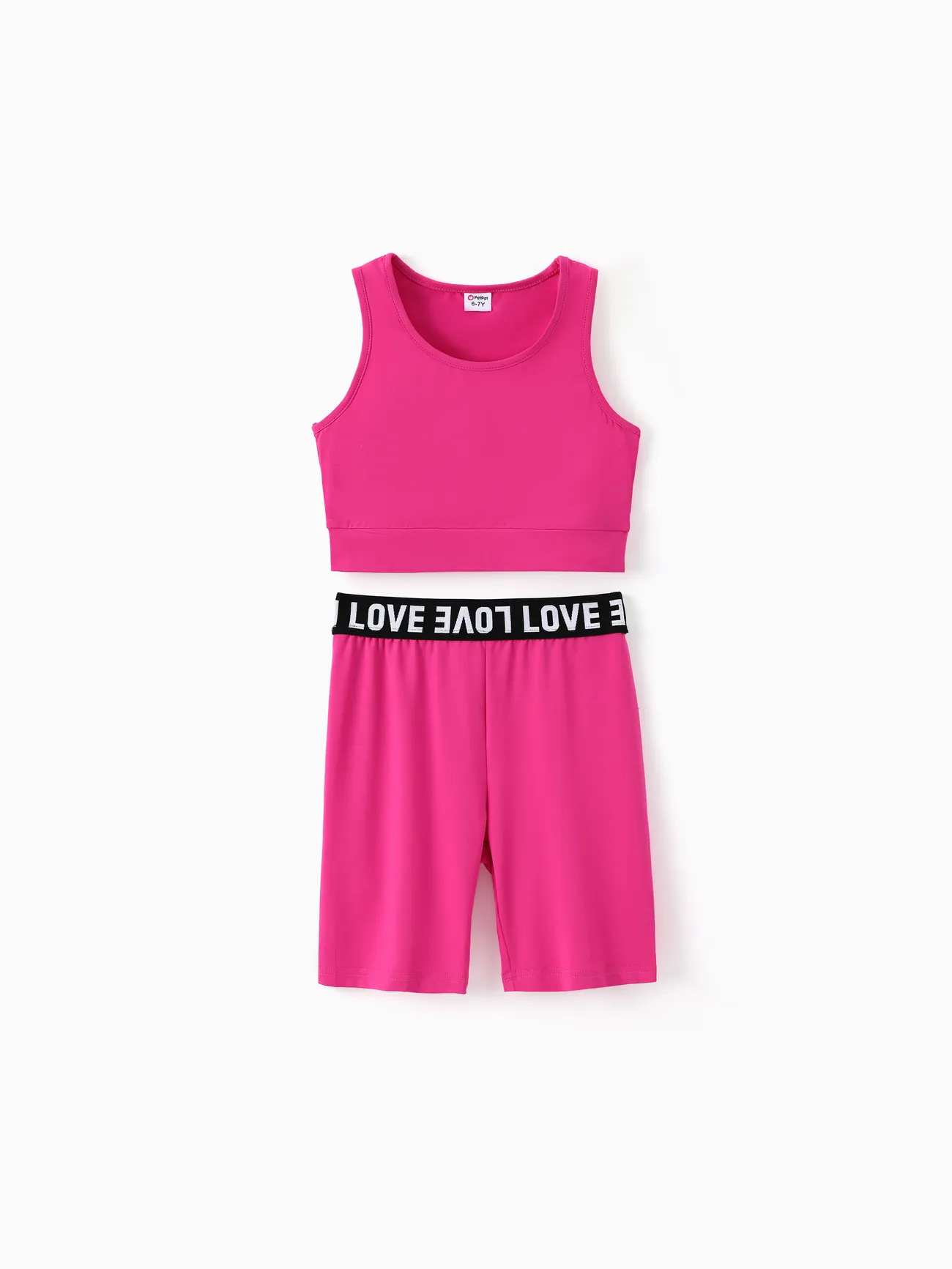 2pcs Kid Girl Solid Color Tank Top and Letter Print Shorts Sporty Set Hot Pink big image 1