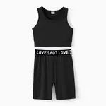 2pcs Kid Girl Solid Color Tank Top and Letter Print Shorts Sporty Set Black