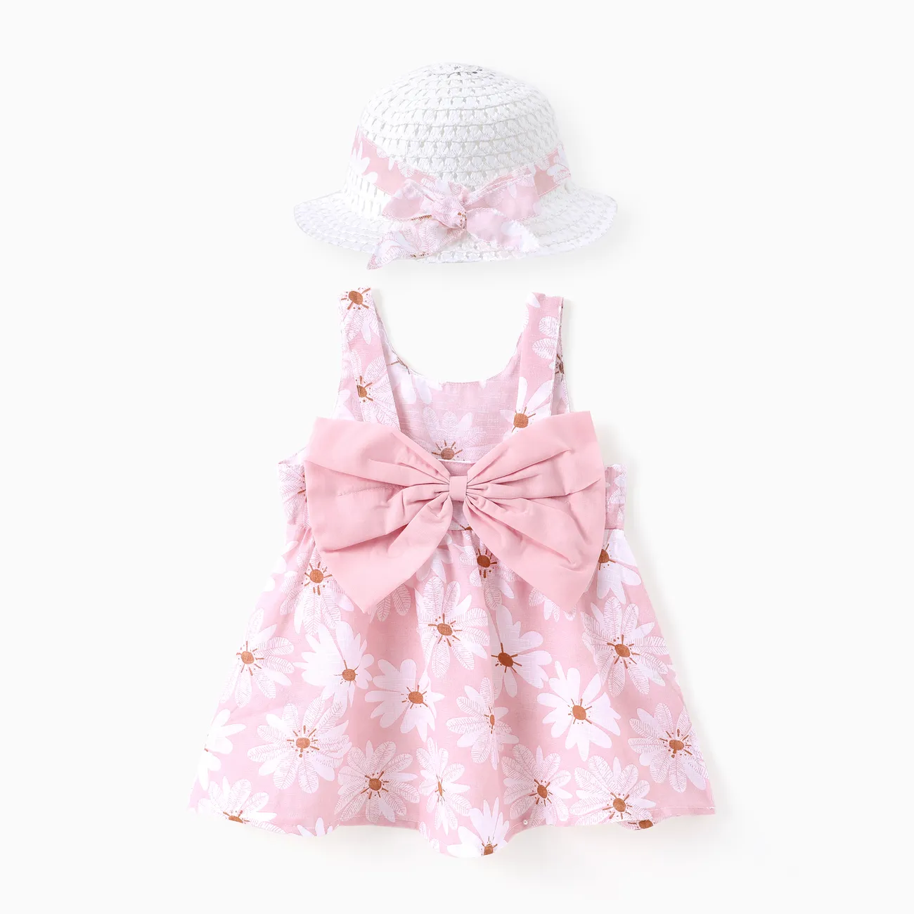 مجموعة فستان Little Daisy 2 قطعة للفتيات الرضع - نسيج قطني كتان خفيف الوزن ناعم ، تصميم عقدة خلفية زهري big image 1