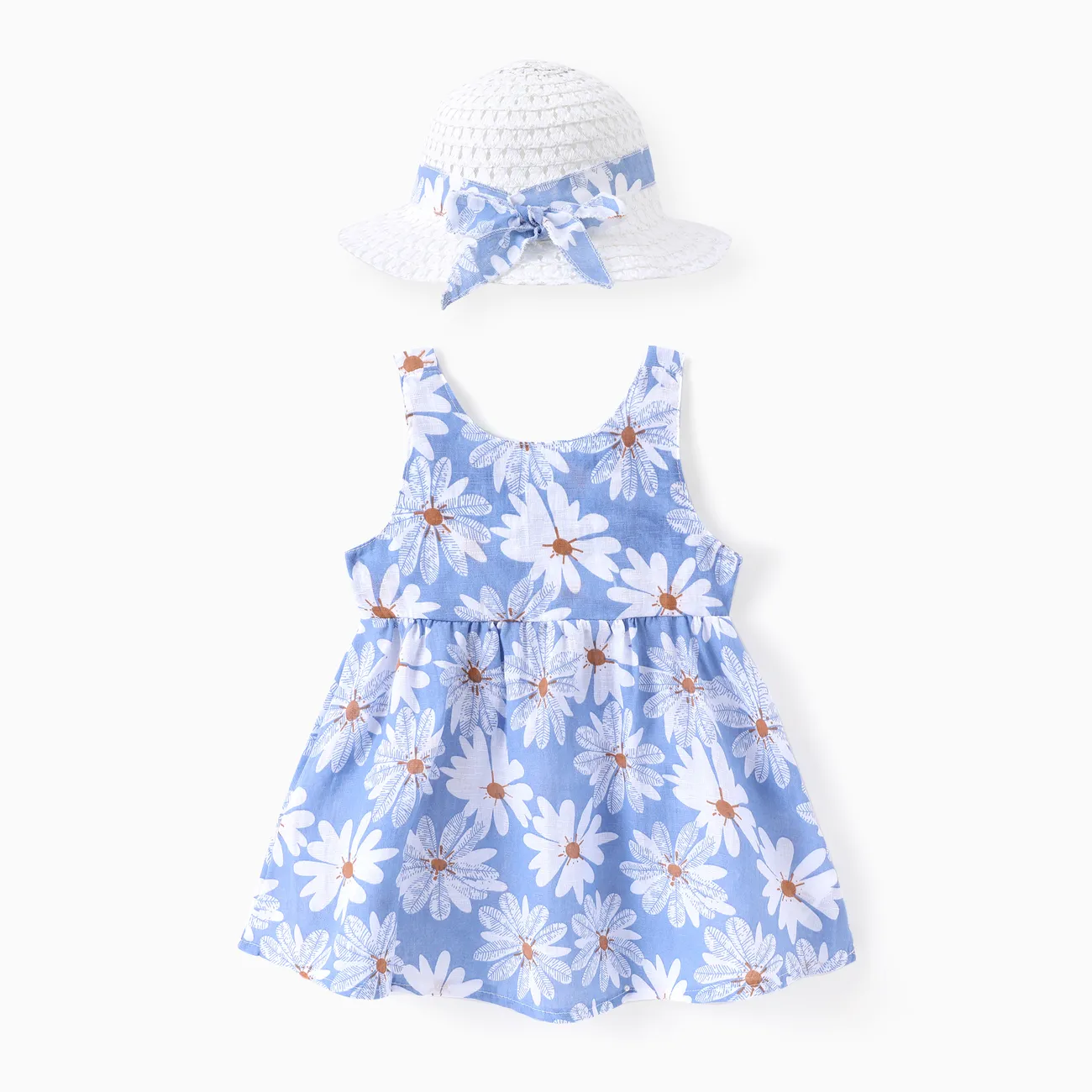 مجموعة فستان Little Daisy 2 قطعة للفتيات الرضع - نسيج قطني كتان خفيف الوزن ناعم ، تصميم عقدة خلفية أزرق big image 1