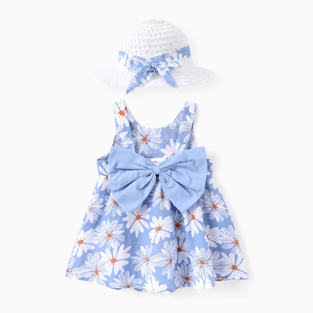 مجموعة فستان Little Daisy 2 قطعة للفتيات الرضع - نسيج قطني كتان خفيف الوزن ناعم ، تصميم عقدة خلفية أزرق big image 1