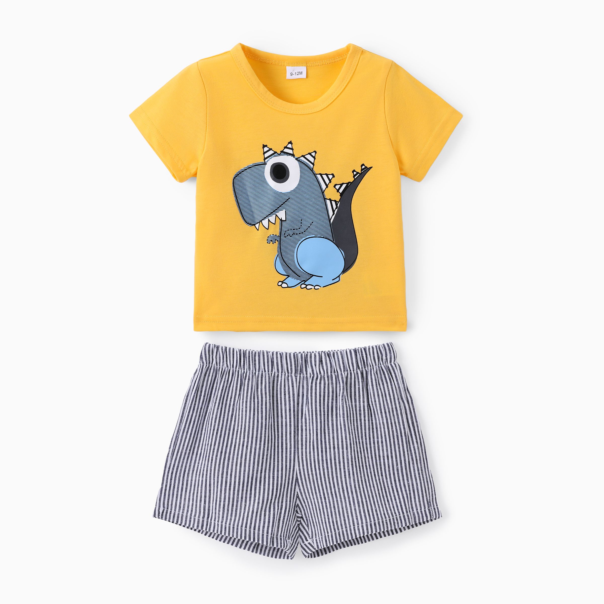 

2pcs Baby Boy Cartoon Dinosaur Print Short-sleeve T-shirt and Pinstriped Shorts Set