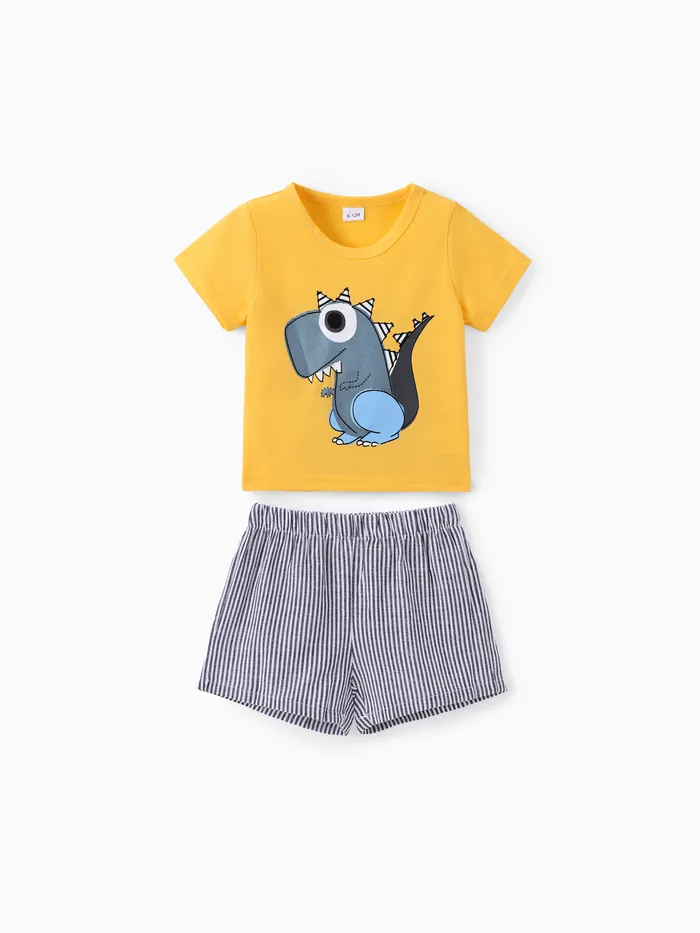 2pcs Baby Boy Cartoon Dinosaur Print Short-sleeve T-shirt and Pinstriped Shorts Set