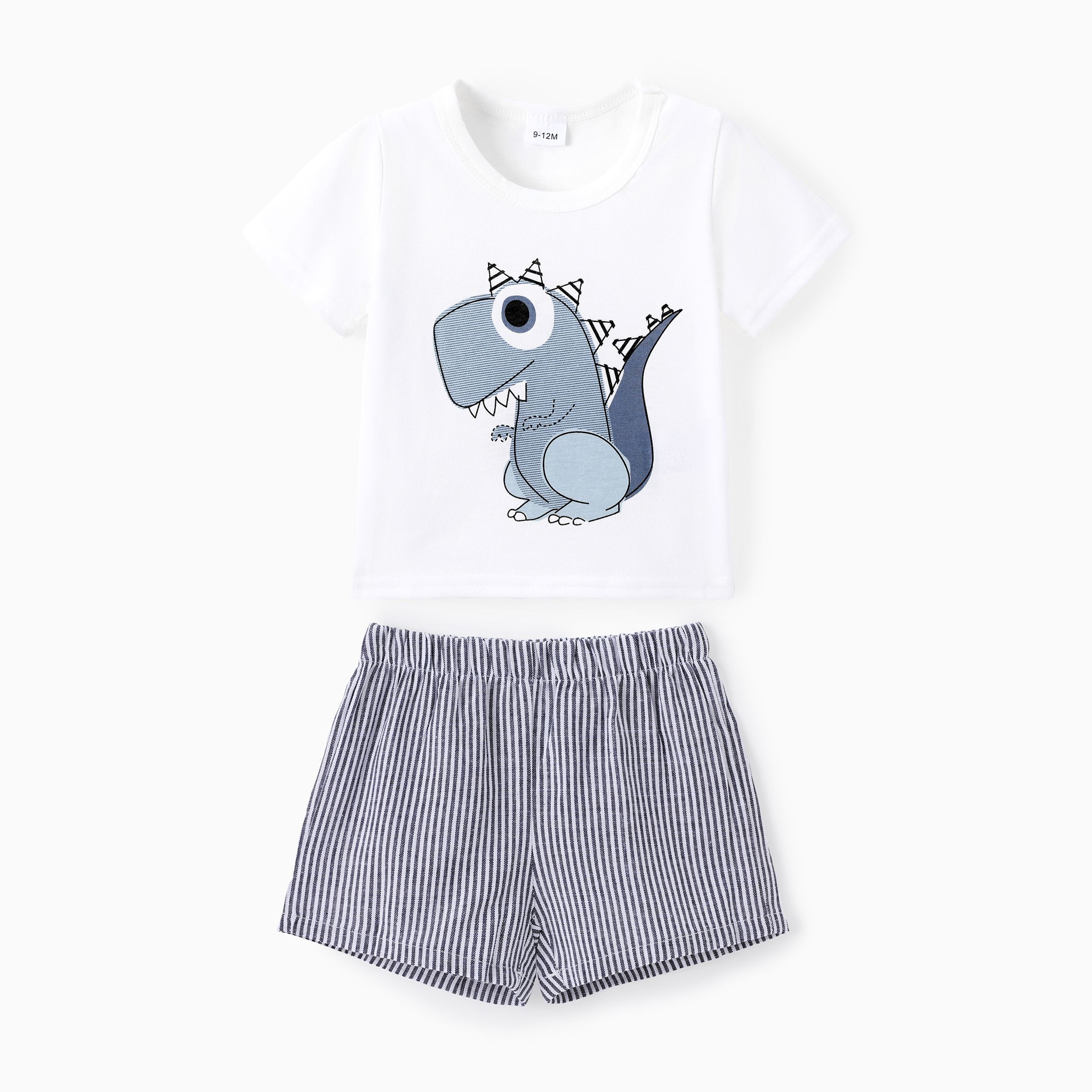 2pcs Baby Girl Cartoon Elephant Print Grey Striped Short-sleeve Tee and Shorts Set
