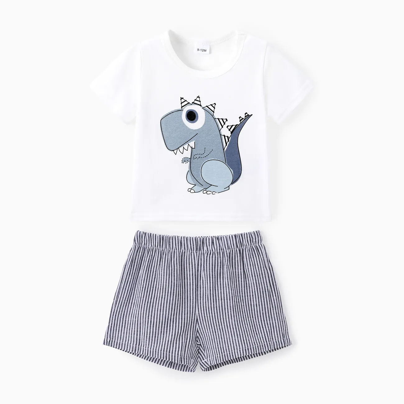 2pcs Baby Boy Cartoon Dinosaur Print Short-sleeve T-shirt and Pinstriped Shorts Set White big image 1