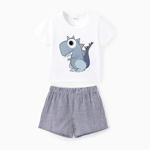 Conjunto de camiseta de manga corta y pantalones cortos a rayas con estampado de dinosaurio de dibujos animados para bebé de 2 uds.