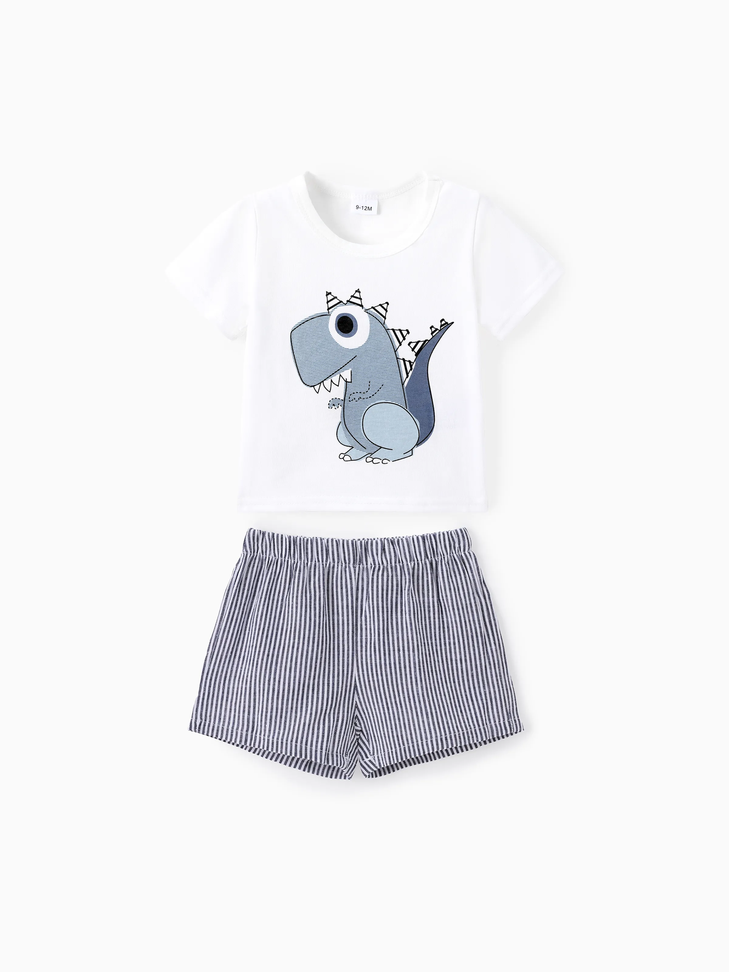 2pcs Bébé Garçon Dessin Animé Dinosaure Imprimé à Manches Courtes T-shirt Et Short à Rayures Ensemble